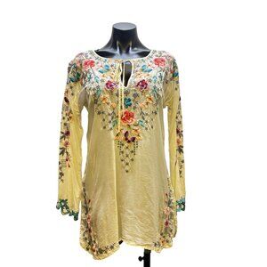 Johnny Was Embroidered Floral Tunic Top Beige S